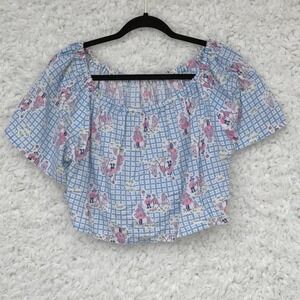VTG 1970's Blue Gingham Wizard of Oz Print Crop Top Off Shoulder Blouse Handmade